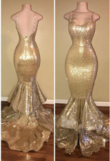 Shiny Sequins Mermaid Spaghettis-Straps Layers-Train Gold Prom Dresses-showprettydress