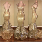 Shiny Sequins Mermaid Spaghettis-Straps Layers-Train Gold Prom Dresses-showprettydress