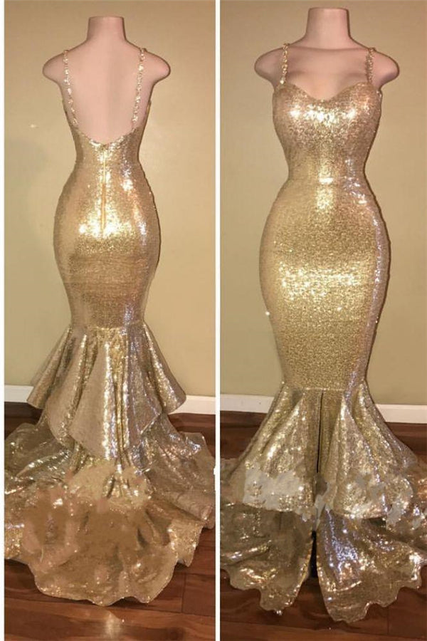 Shiny Sequins Mermaid Spaghettis-Straps Layers-Train Gold Prom Dresses-showprettydress