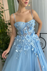 Showprettydess Baby Blue Sweetheart Flowers Appliques Spaghetti Strap Prom Dress with Side Split-showprettydress