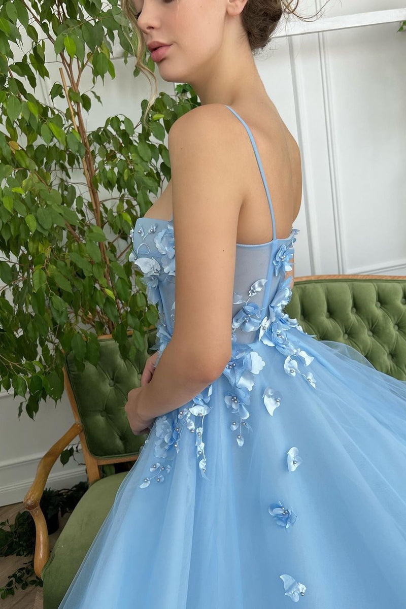 Showprettydess Baby Blue Sweetheart Flowers Appliques Spaghetti Strap Prom Dress with Side Split-showprettydress