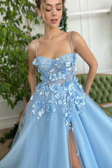 Showprettydess Baby Blue Sweetheart Flowers Appliques Spaghetti Strap Prom Dress with Side Split-showprettydress