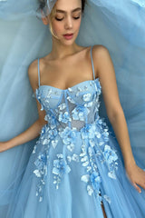 Showprettydess Baby Blue Sweetheart Flowers Appliques Spaghetti Strap Prom Dress with Side Split-showprettydress