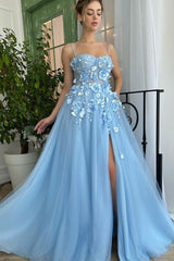 Showprettydess Baby Blue Sweetheart Flowers Appliques Spaghetti Strap Prom Dress with Side Split-showprettydress