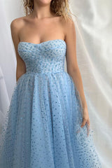 Showprettydess Baby Blue Tulle A-Line Prom Dress with Split & Detachable Sleeves-showprettydress