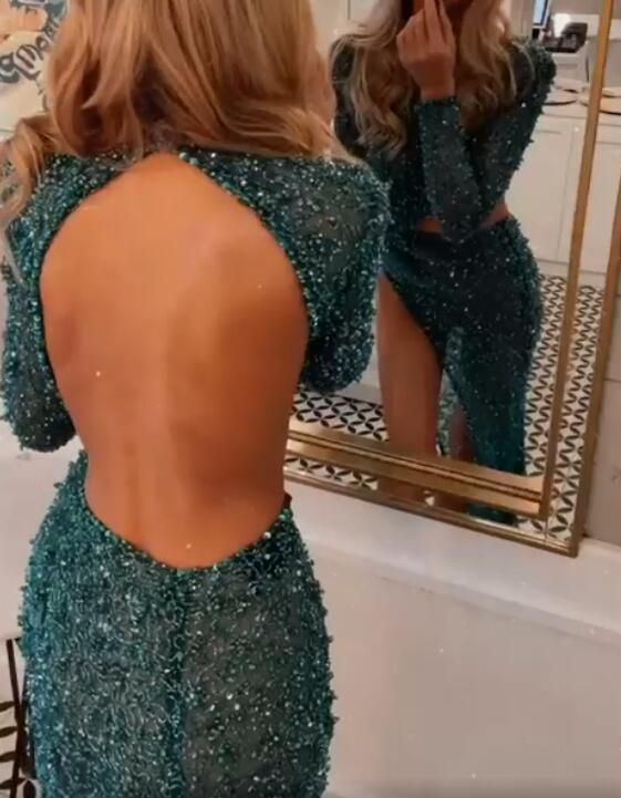 Showprettydess Blue Long Sleeves Sequined Mermaid Prom Dress with Split-showprettydress