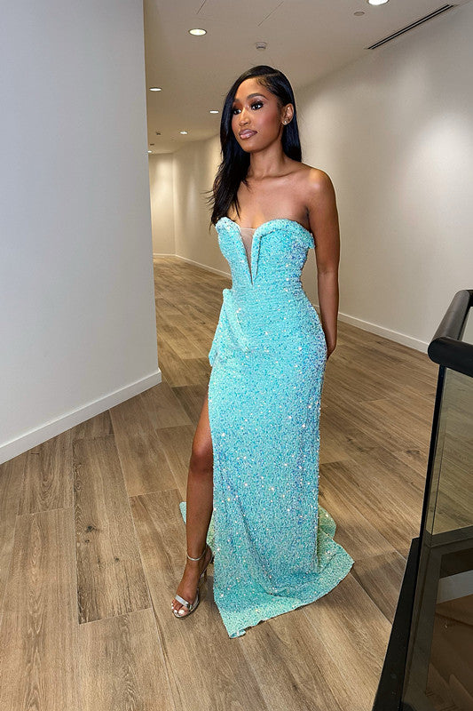 Showprettydess Blue Sequined Sleeveless Sweetheart Mermaid Princess Prom Dress with Split Trumpet-showprettydress