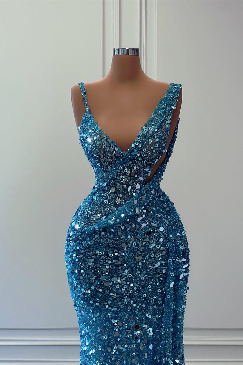 Showprettydess Blue Sleeveless Sequined Long Mermaid Prom Dress-showprettydress