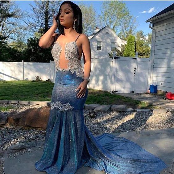 Showprettydess Blue Spaghetti-Straps Mermaid Prom Dress with Sequins-showprettydress