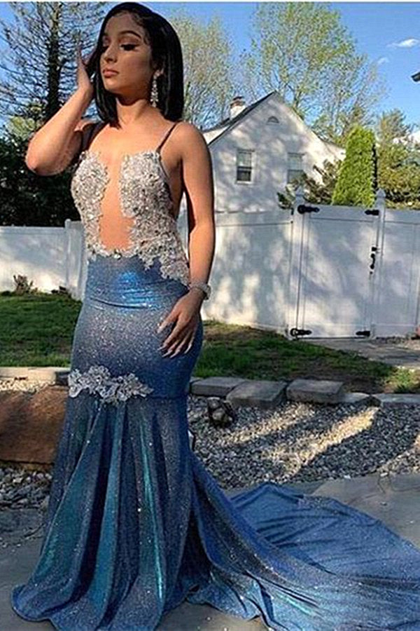 Showprettydess Blue Spaghetti-Straps Mermaid Prom Dress with Sequins-showprettydress