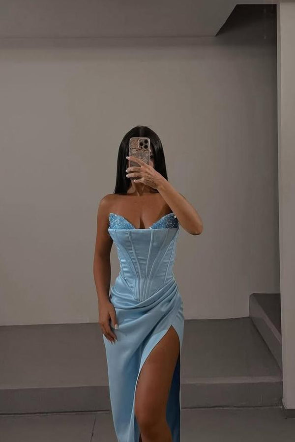 Showprettydess Charming Sky Blue Satin Strapless Sleeveless Long Split Prom Dress with Sequins-showprettydress