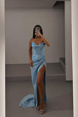 Showprettydess Charming Sky Blue Satin Strapless Sleeveless Long Split Prom Dress with Sequins-showprettydress