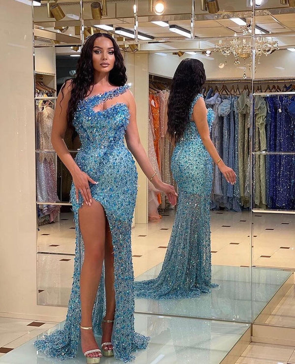 Showprettydess Gorgeous Blue Strapless Mermaid Prom Dress with Split & Beadings-showprettydress