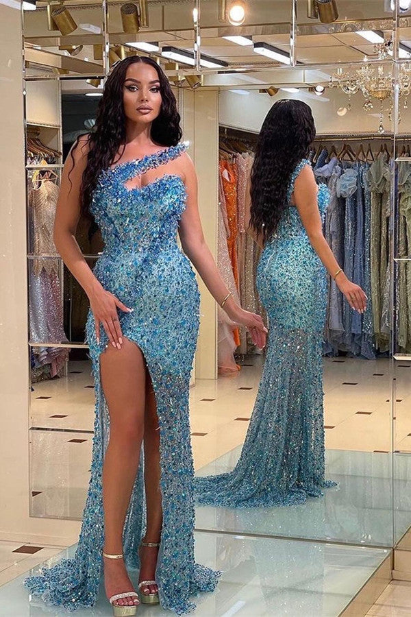 Showprettydess Gorgeous Blue Strapless Mermaid Prom Dress with Split & Beadings-showprettydress