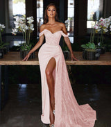 Showprettydess Light Blue Off-the-Shoulder Mermaid Evening Dress with Long Slit & Sequins & Ruffles-showprettydress