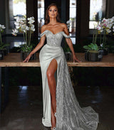 Showprettydess Light Blue Off-the-Shoulder Mermaid Evening Dress with Long Slit & Sequins & Ruffles-showprettydress