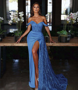 Showprettydess Light Blue Off-the-Shoulder Mermaid Evening Dress with Long Slit & Sequins & Ruffles-showprettydress