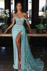 Showprettydess Light Blue Off-the-Shoulder Mermaid Evening Dress with Long Slit & Sequins & Ruffles-showprettydress