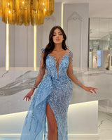 Showprettydess Shiny Blue Mermaid Prom Dress with Slit, Beading & Long Sleeves-showprettydress