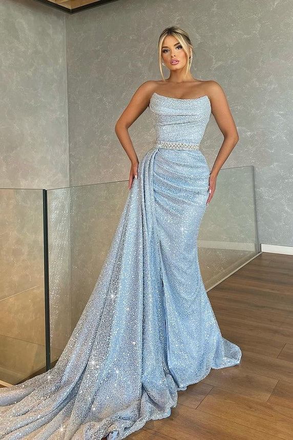 Showprettydess Strapless Sleeveless Beaded Baby Blue Mermaid Prom Dress with Sequins-showprettydress