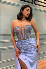 Showprettydess Sweetheart Beaded Light Blue Mermaid Prom Dress with Split-showprettydress