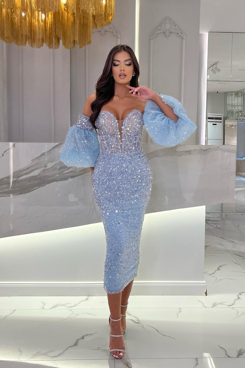 Showprettydess Tea-Length Light Blue Prom Dress with Sequins & Puffy Sleeves-showprettydress