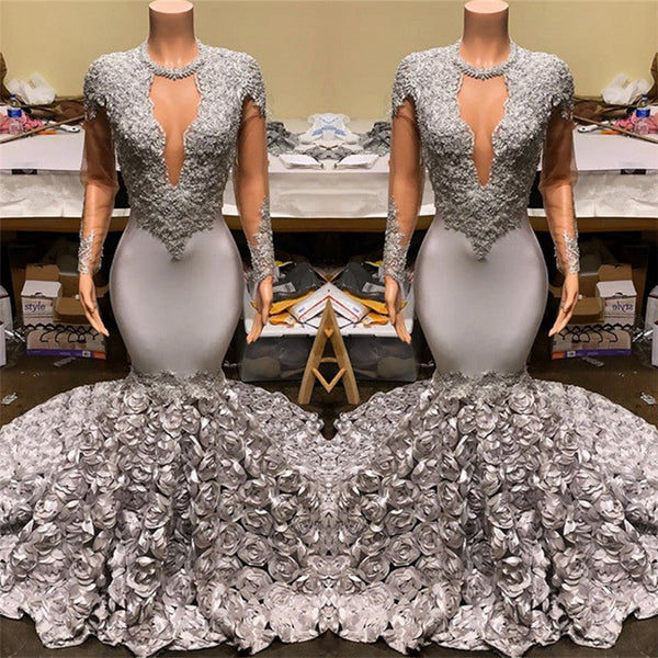 Silver Fit and Flare Floral Prom Dresses Wholesale Lace Appliques Real Shooting Prom Party Gowns-showprettydress