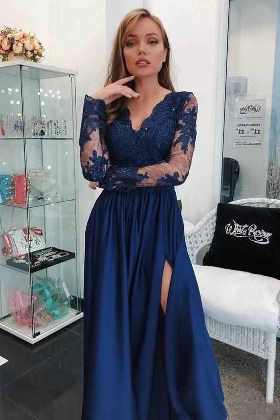 Simple Applique Hot V-Neck Side slit SleevelessProm Dresses with Charming Beads-showprettydress