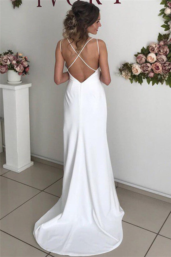 Simple Chic Backless Spaghetti-Straps Side-Slit Prom Dresses-showprettydress