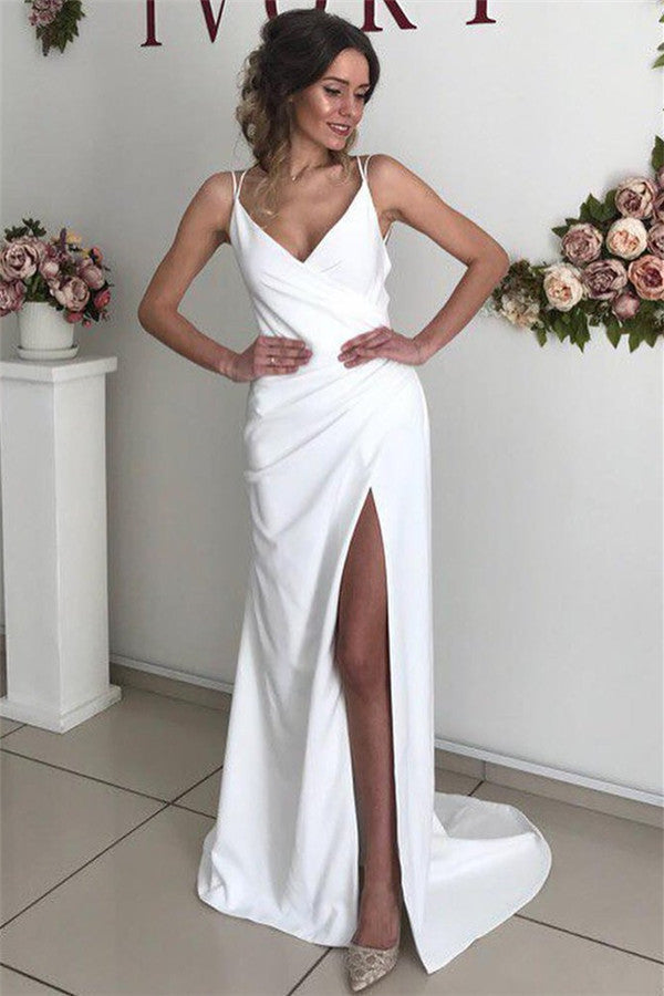 Simple Chic Backless Spaghetti-Straps Side-Slit Prom Dresses-showprettydress