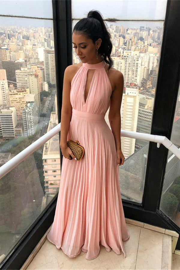 Simple High neck Chiffon Keyhole Sleeveless Candy pink Prom Party Gowns-showprettydress