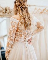 Simple Long A-Line Off-the-Shoulder Tulle Lace Wedding Dress With Sleeves-showprettydress