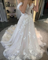 Simple Long A-line Tulle Off-the-Shoulder Lace Appliques Wedding Dress-showprettydress