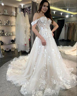 Simple Long A-line Tulle Off-the-Shoulder Lace Appliques Wedding Dress-showprettydress