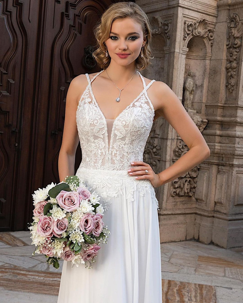 Simple Long A-line V-neck Chiffon Lace Wedding dress with slit-showprettydress