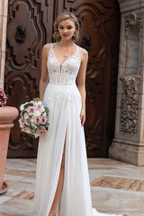 Simple Long A-line V-neck Chiffon Lace Wedding dress with slit-showprettydress