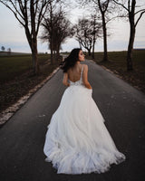 Simple Long A-line V-neck Tulle Backless Wedding Dress-showprettydress