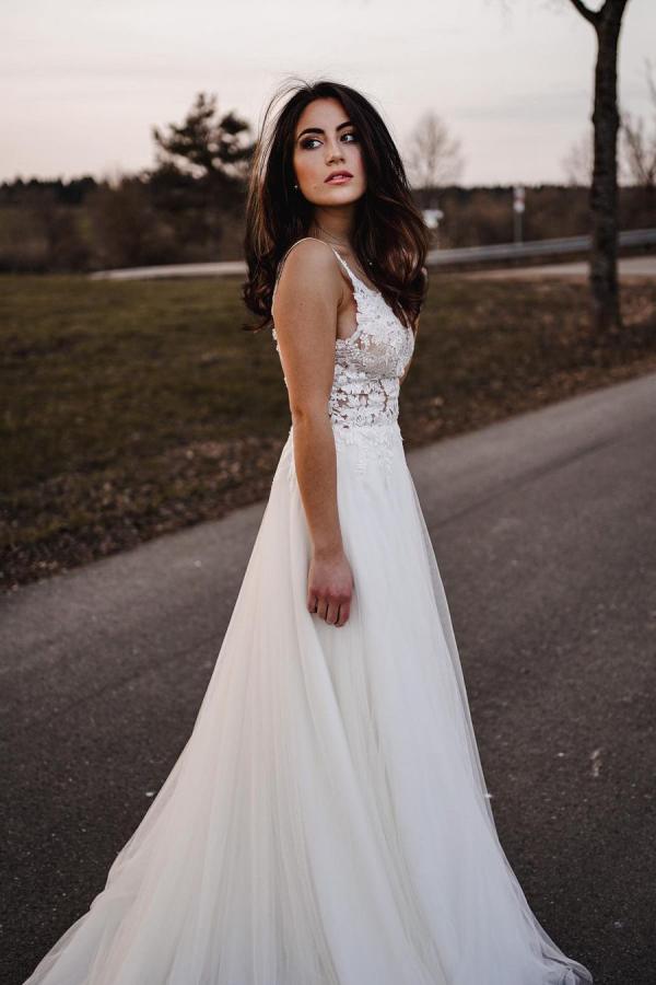 Simple Long A-line V-neck Tulle Backless Wedding Dress-showprettydress