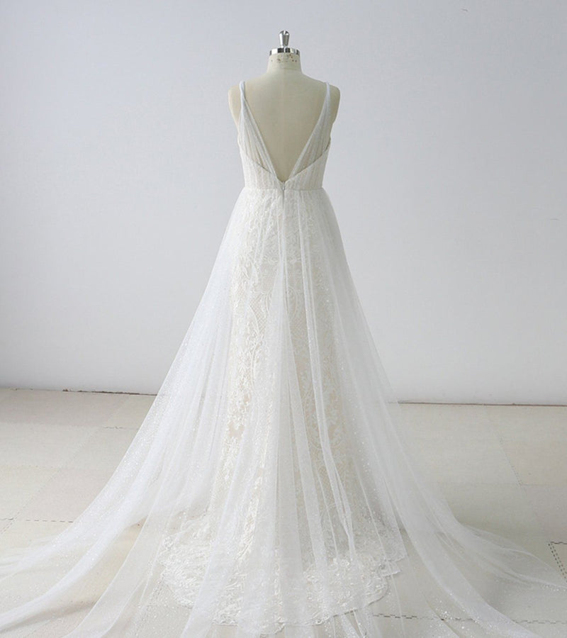 Simple Long A-line V Neck Tulle Wedding Dress-showprettydress