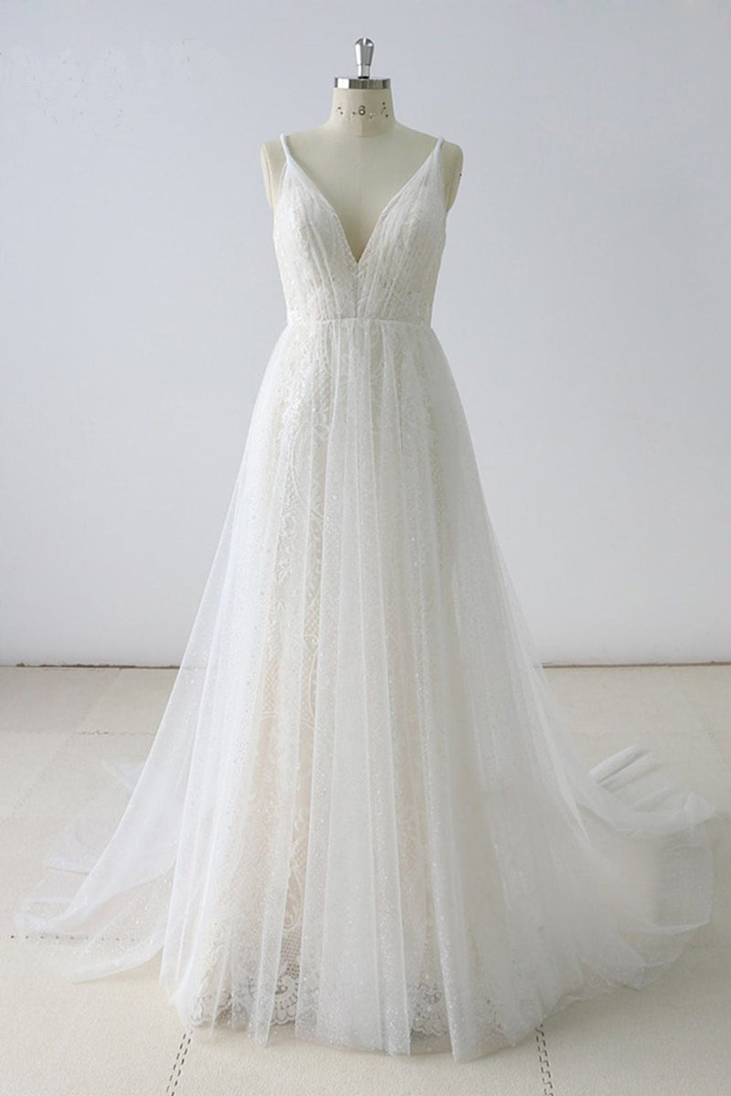 Simple Long A-line V Neck Tulle Wedding Dress-showprettydress