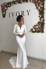 Simple Shining White V neck Mermaid Pearl Belt Court Train Open back Bridal Gown-showprettydress