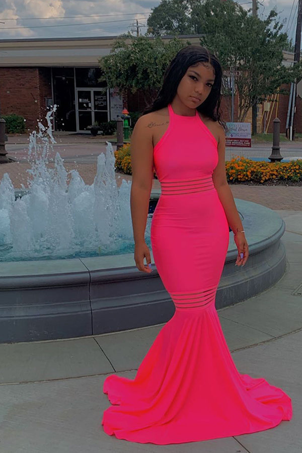 Simple Sleeveless Floor Length Pink Mermaid Prom Dresses-showprettydress