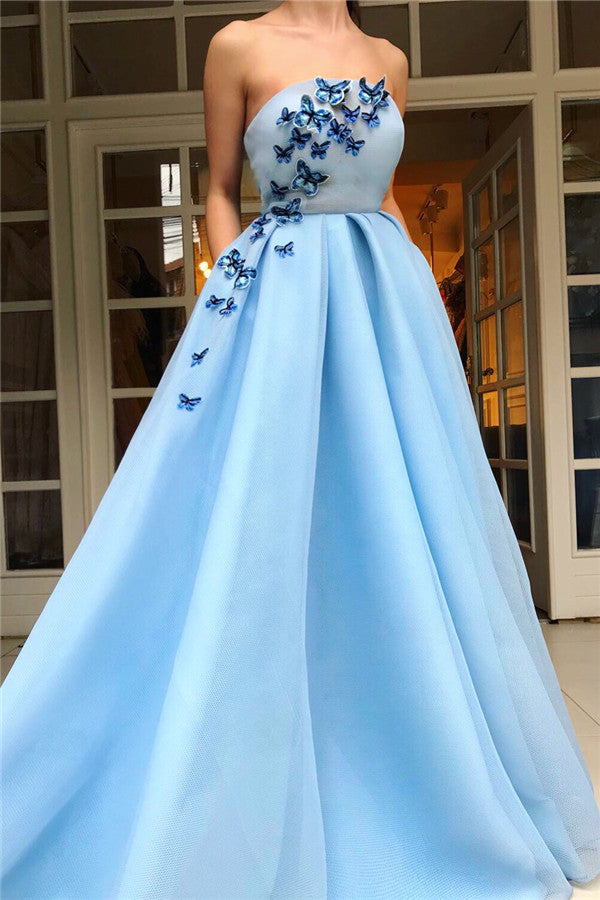 Simple Strapless Sleeveless Blue Tulle Prom Party Gowns| Chic Ruffles Long Prom Party Gowns with Butterfly-showprettydress