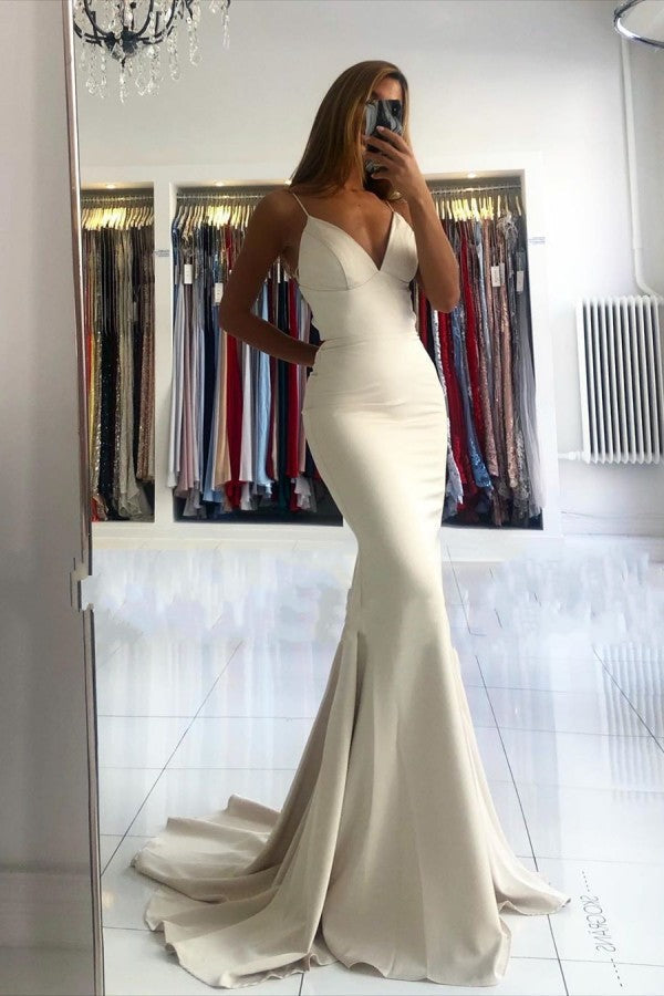 Simple style V-neck Mermaid Ivory Spaghetti Strap Evening Dress-showprettydress