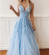 Sky Blue Lace Prom Dresses Deep V-neck A Line Long Party Elegant Floor Length Women Evening Gowns-showprettydress