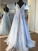 Sky Blue Lace Prom Dresses Deep V-neck A Line Long Party Elegant Floor Length Women Evening Gowns-showprettydress