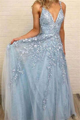 Sky Blue Lace Prom Dresses Deep V-neck A Line Long Party Elegant Floor Length Women Evening Gowns-showprettydress