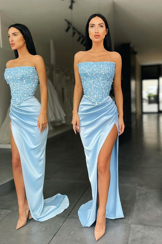 Sky Blue Long Mermaid Strapless Sequin Prom Dress with Slit-showprettydress