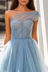 Sky Blue Short A-line One Shoulder Tulle Prom Dress-showprettydress