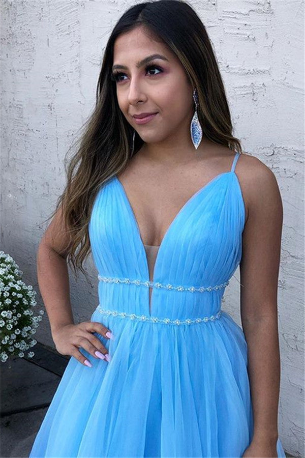 Sky Blue Spaghetti-Straps A-Line Tulle Sleeveless Prom Party Gowns-showprettydress